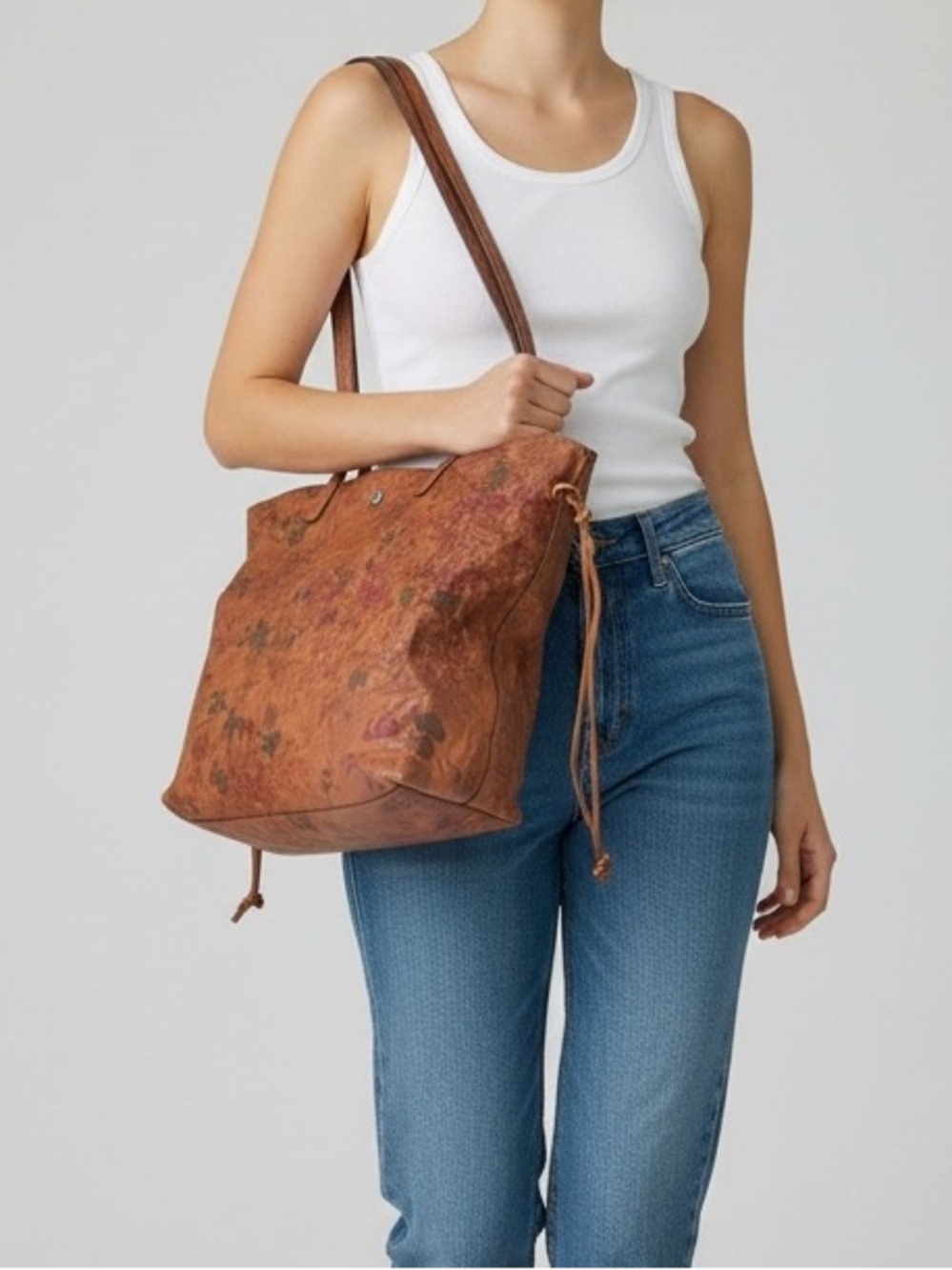 Jonny Was Boho Slouchy Leather Floral-Print Tote Bag in Rustic Brown